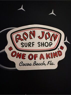 Ron Jon White Sticker with Red and Black Lettering